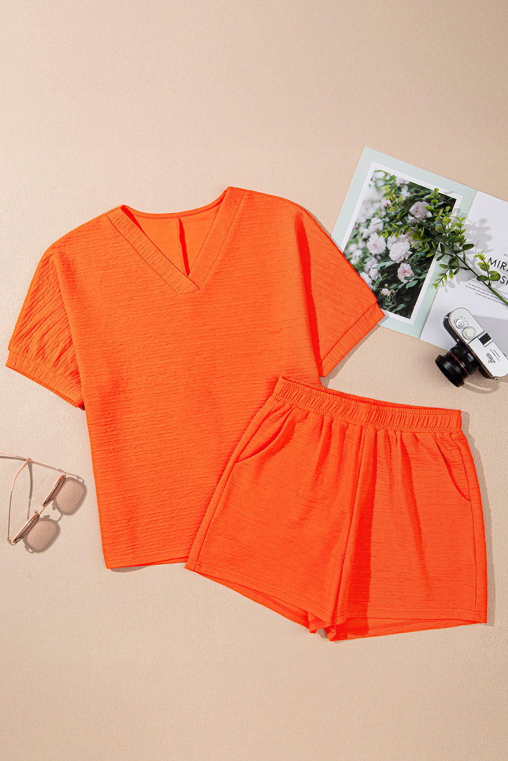 Textured V-Neck Tee & Shorts Set