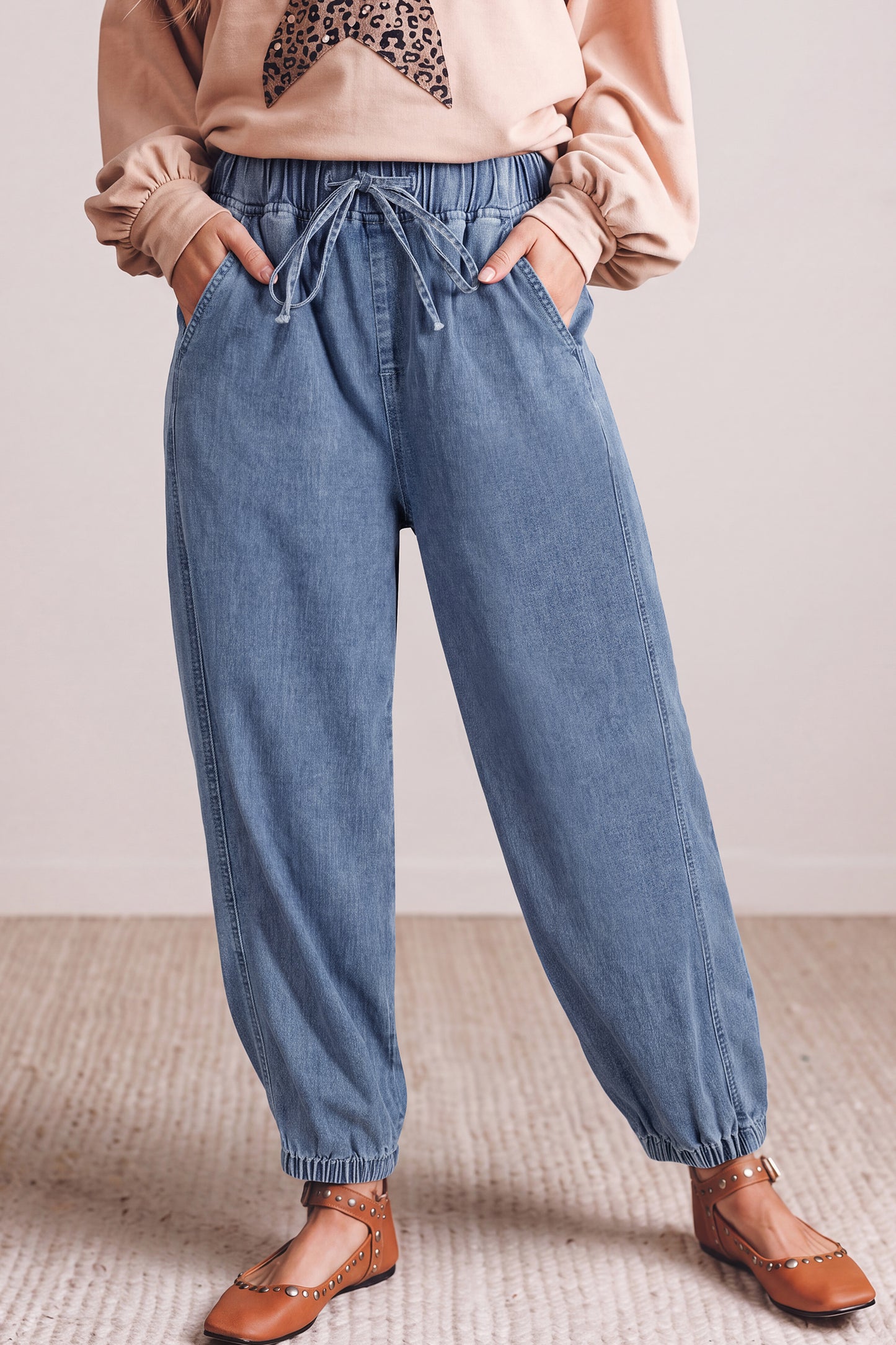 Dusk Blue Elastic Waist Harem Ankle Jeans