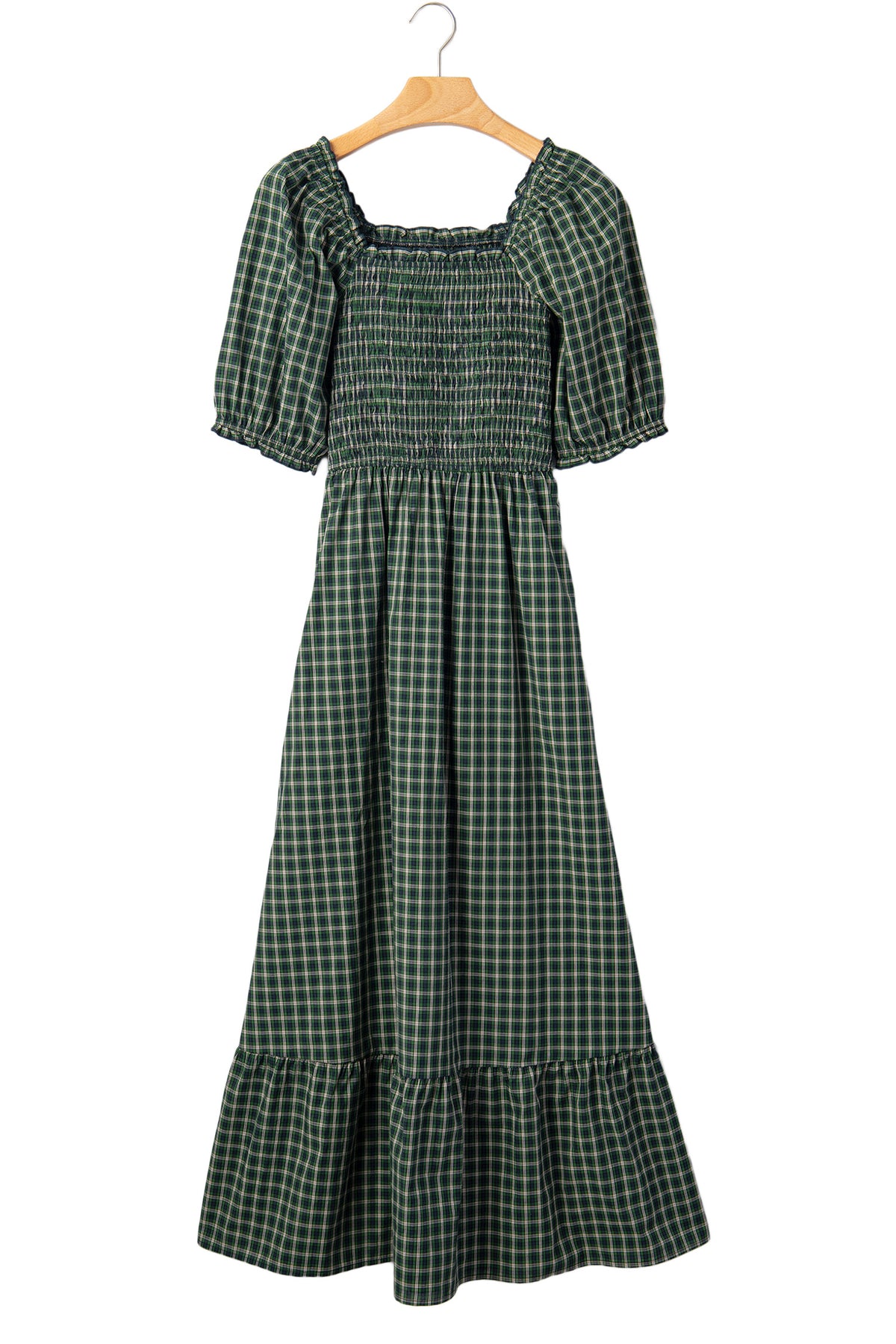 Green Plaid Square Neck Shirred Ruffle Hem Dress