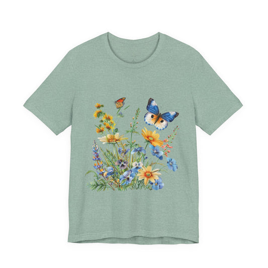 Butterfly Wildflower T-Shirt — Blue & Orange Garden Illustration