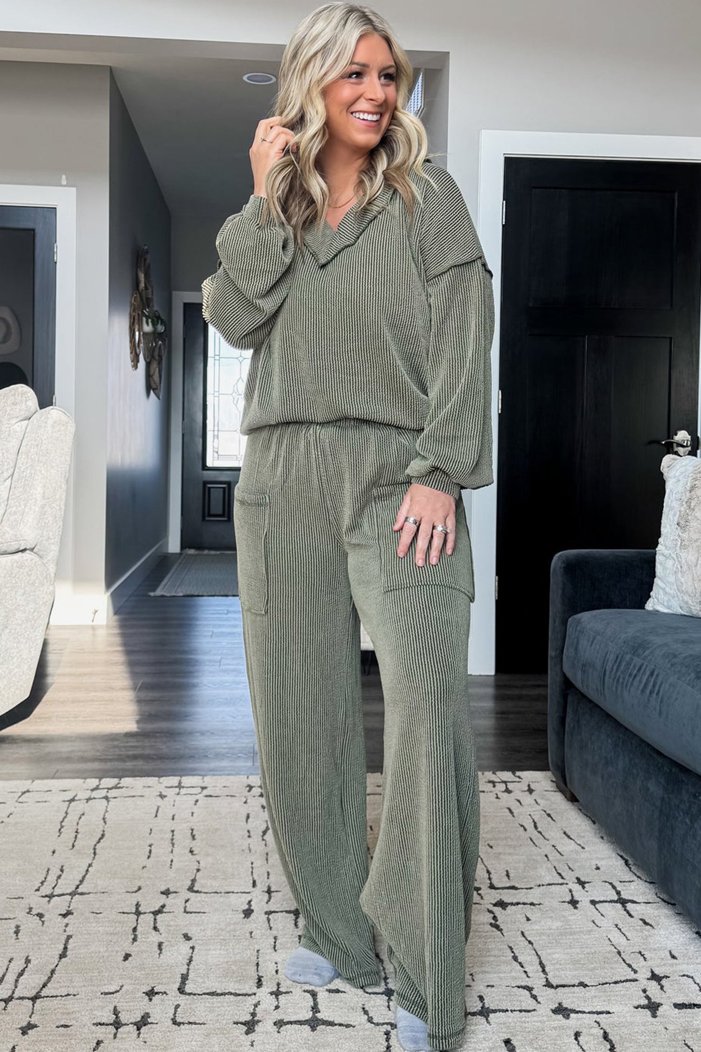 Four Leaf Clover Ribbed Twisted V-Neck Pullover & Wide-Leg Pant Set | Plus Size 1X–4X