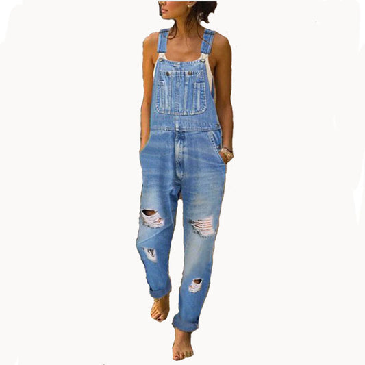 Women's Distressed Denim Overalls