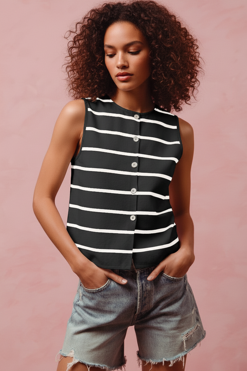Button Front Striped Sleeveless Sweater Top – Black & Off White