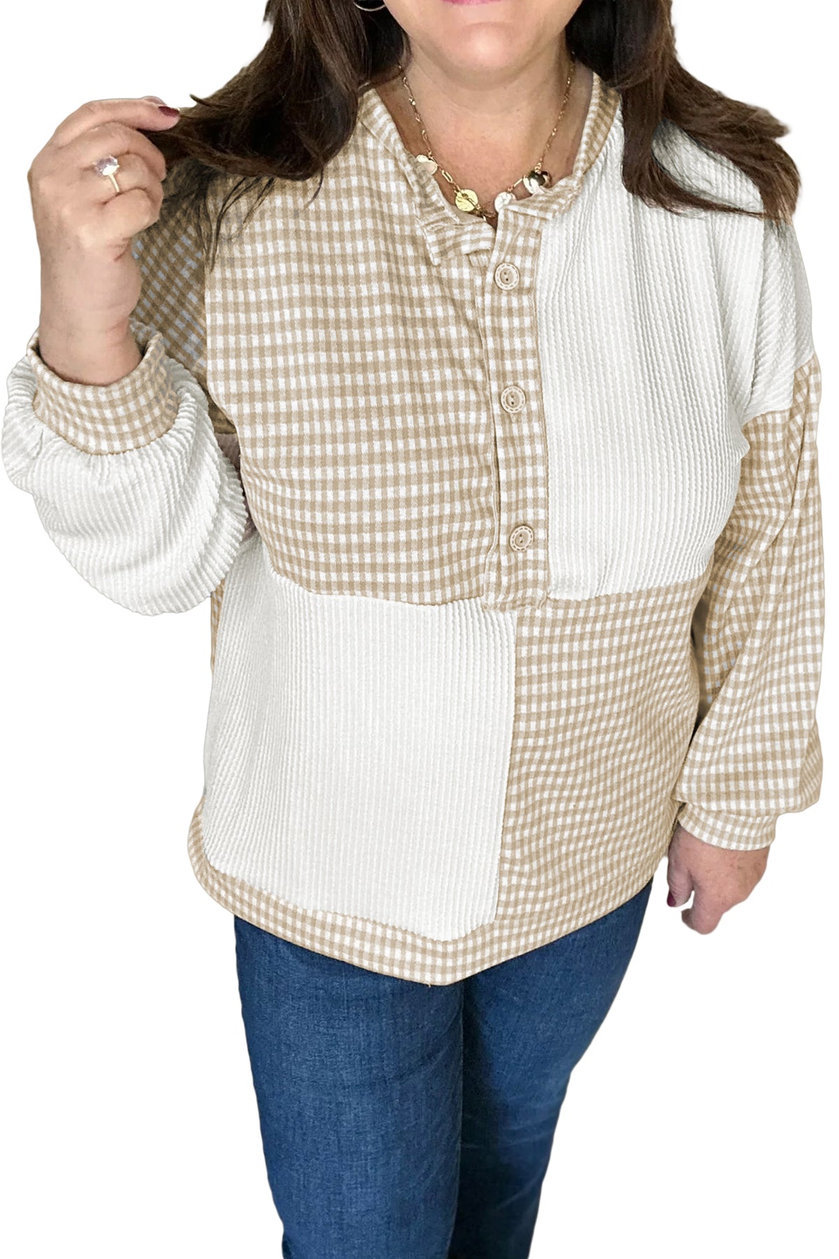 Khaki Patchwork Checkered Long Sleeve Plus Size Blouse
