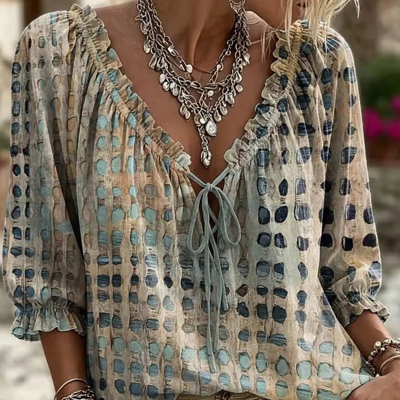 Tie Neck 3/4 Sleeve Blouse (S–3XL)