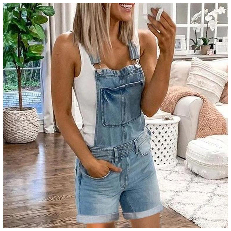 Women's Distressed Denim Overall Shorts