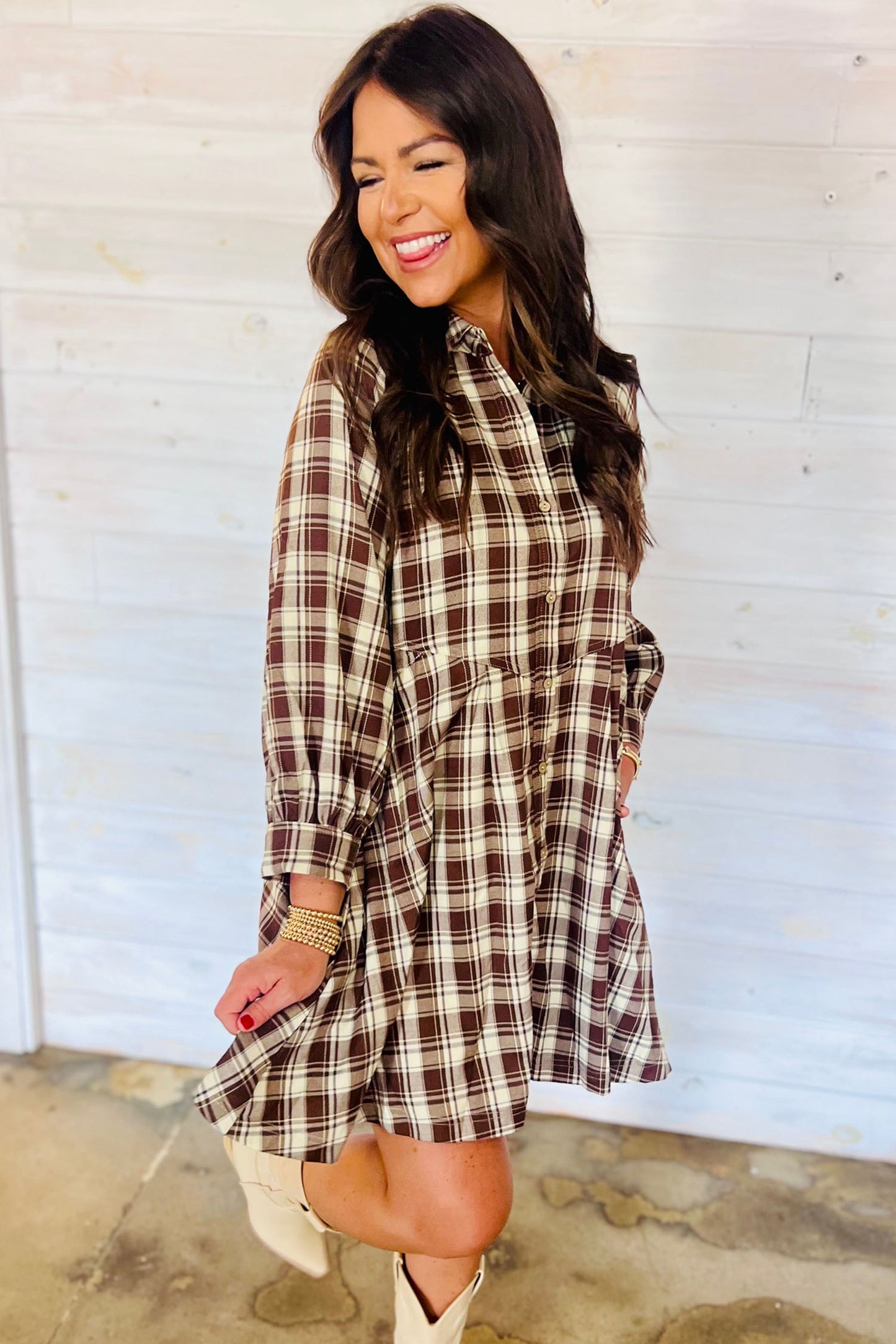 Brown Plaid Long Sleeve Mini Shift Dress