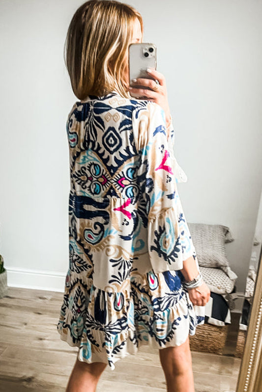 White Printed Button Mini Dress - Bracelet Sleeves