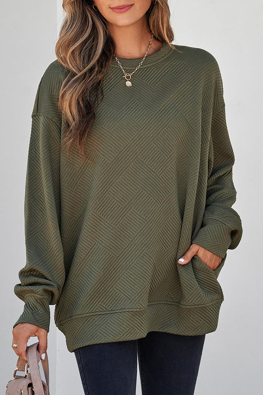 Textured Drop Shoulder Pullover Sweatshirt — Green & Coffee