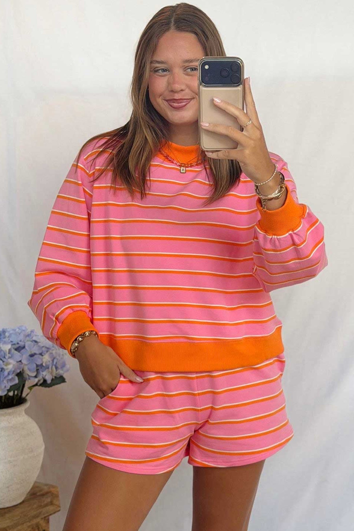 Rose Stripe Colorblock Two-Piece Shorts Set