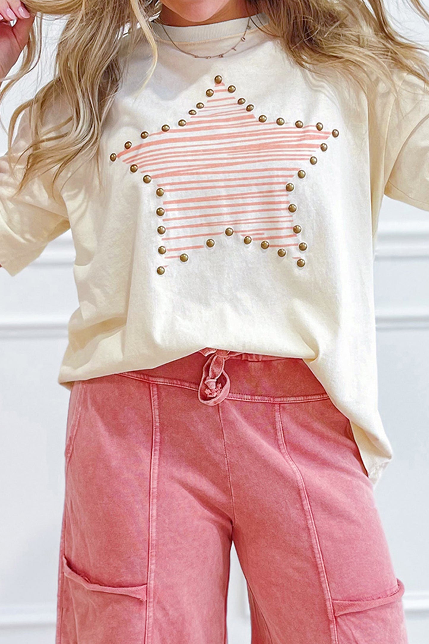 Star Print Stud Detail Relaxed Cotton Tee — Beige