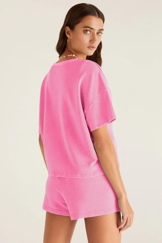 Bonbon V Neck Drop Shoulder Tee and Patchwork Drawstring Elastic Waistband Shorts Set