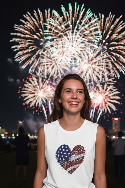 American Flag Heart Muscle Tank — Patriotic Leopard & Stars Sleeveless Tee