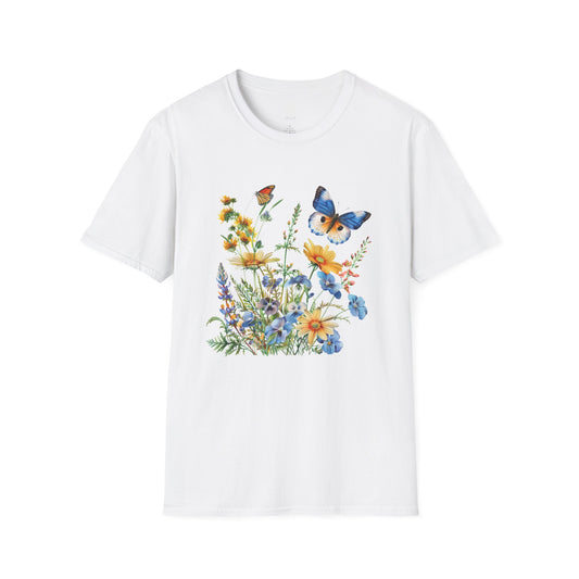 Butterfly Wildflower T-Shirt — Blue & Orange Garden Illustration