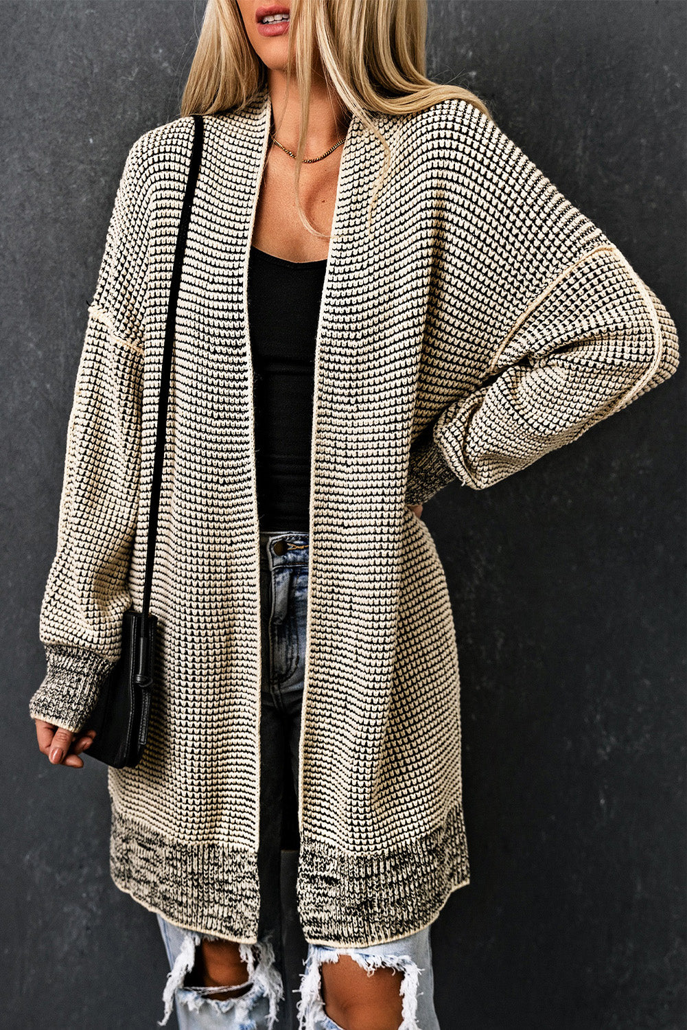 Plaid Knit Long Open-Front Cardigan