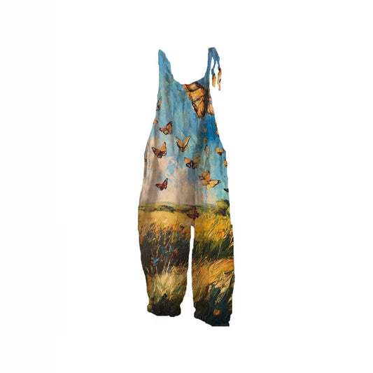 Women's Fun Print Wide-Leg Suspender Overalls