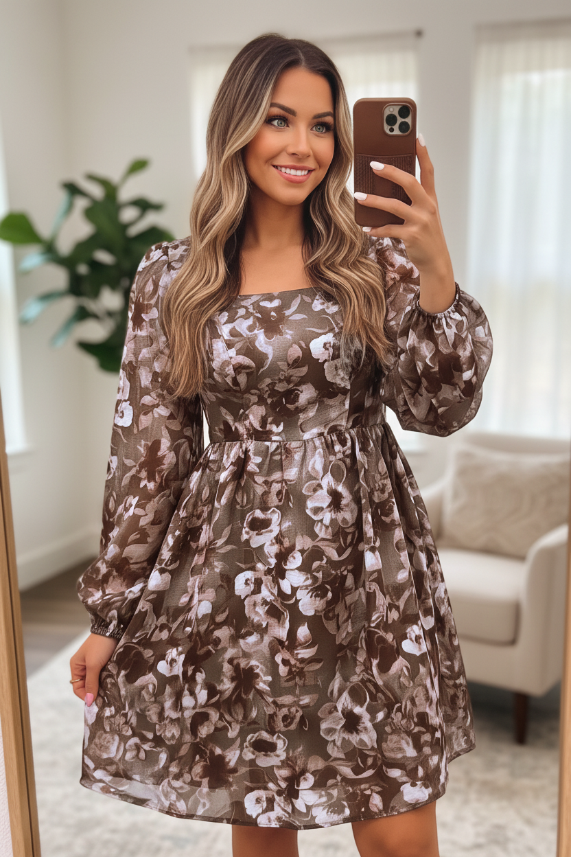 Brown Abstract Floral Print Square Neck Long Sleeve Mini Shift Dress