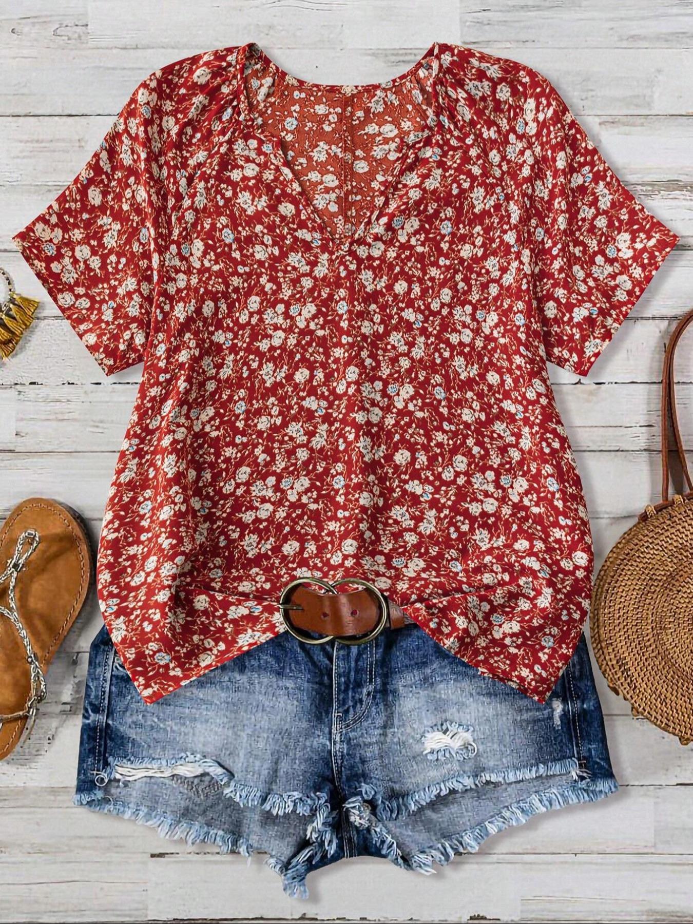 Women's V-Neck Floral Short-Sleeve Top