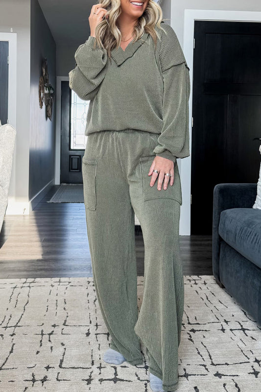 Four Leaf Clover Ribbed V-Neck Pullover & Pant Set Plus Size