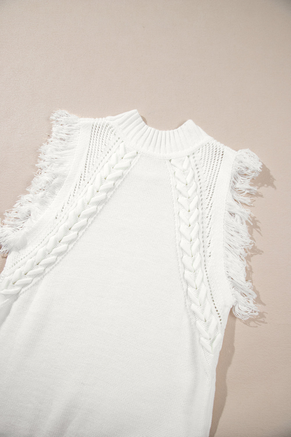 White Woven Cable Knit Tassel Sleeveless Mock Neck Vest Top
