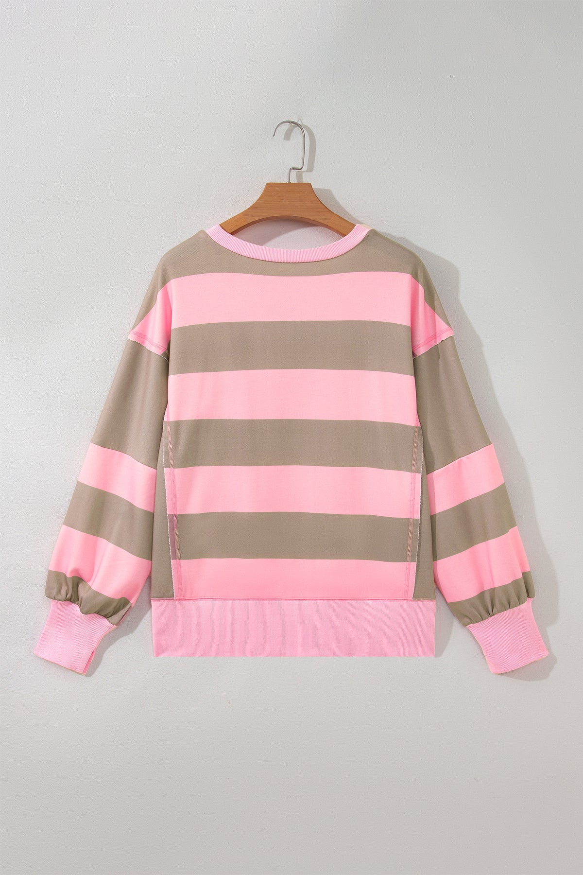 Pink Stripe Raw Seam Patchwork Drop Shoulder Plus Size Sweatshirt