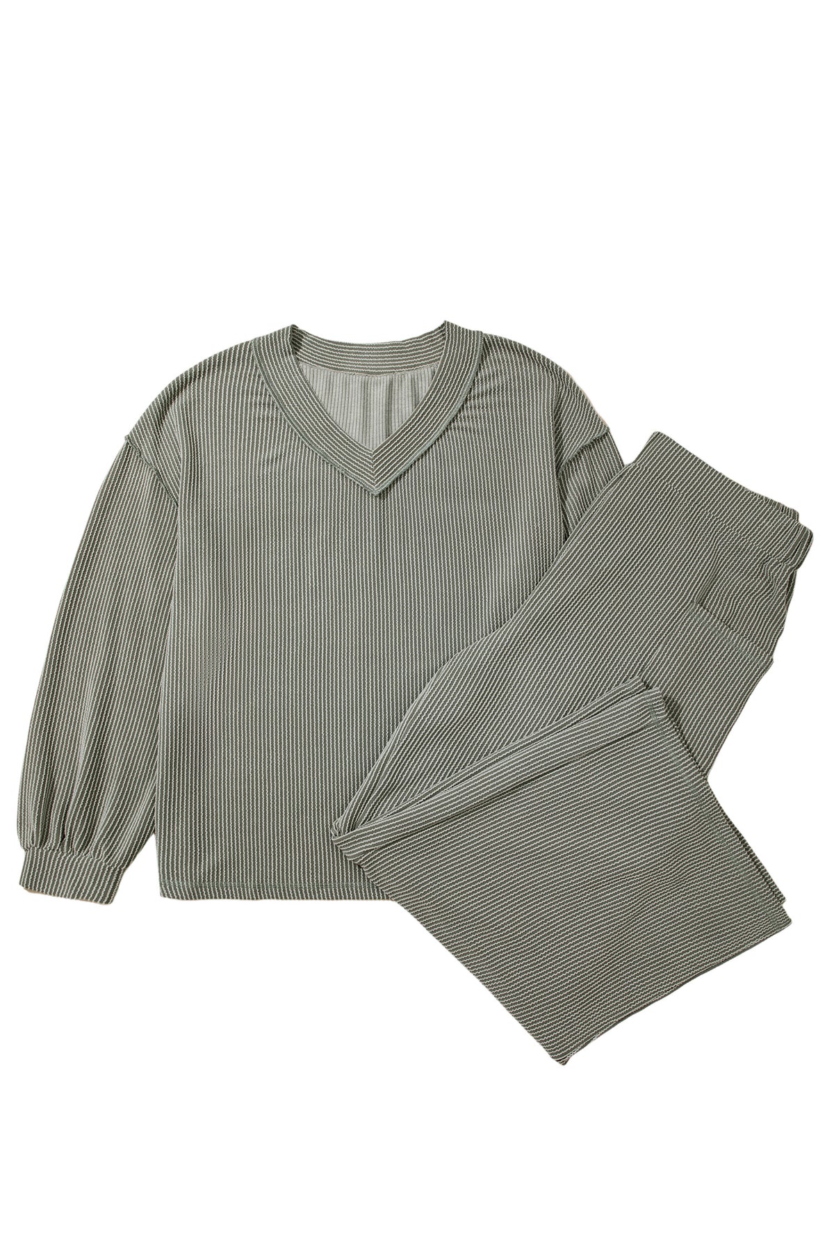 Four Leaf Clover Ribbed V-Neck Pullover & Pant Set Plus Size