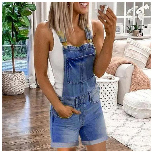 Women's Distressed Denim Overall Shorts