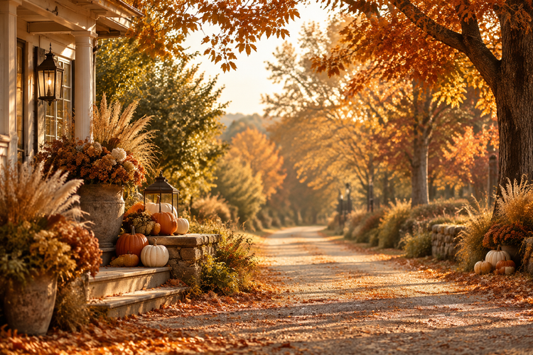 Golden autumn path and rustic porch for the fall collection