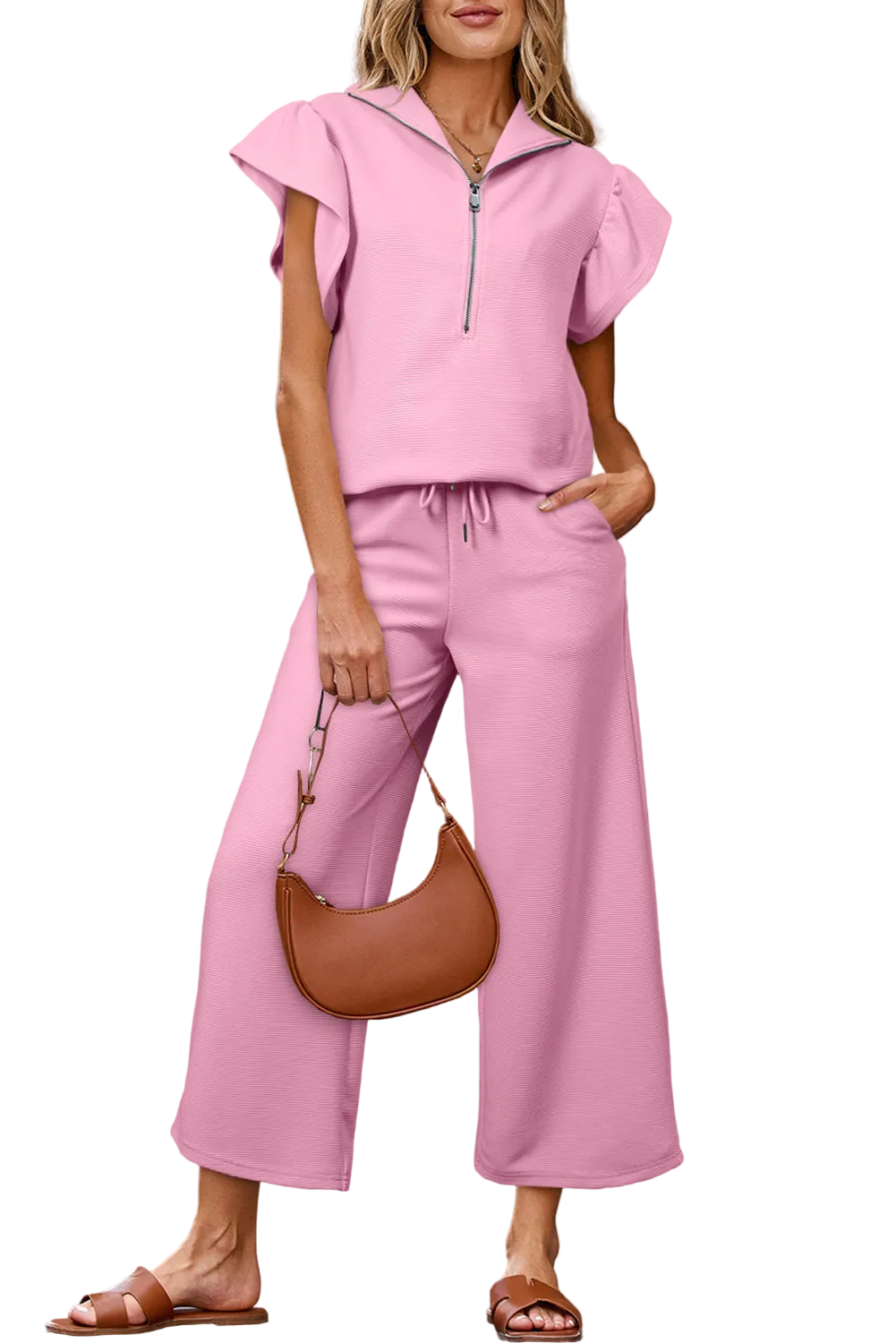 Apricot Textured Ruffled Sleeve Zipped Top and Wide Leg Pants Set