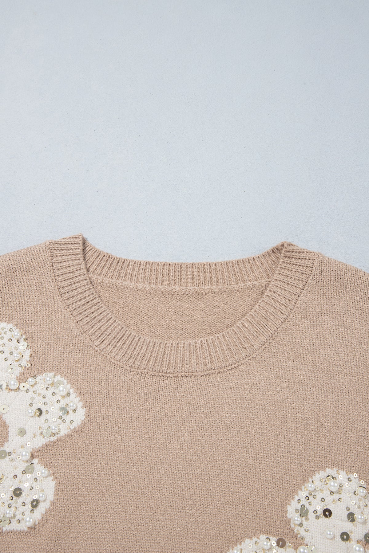 Smoke Gray Beaded Floral Patchwork Sweater