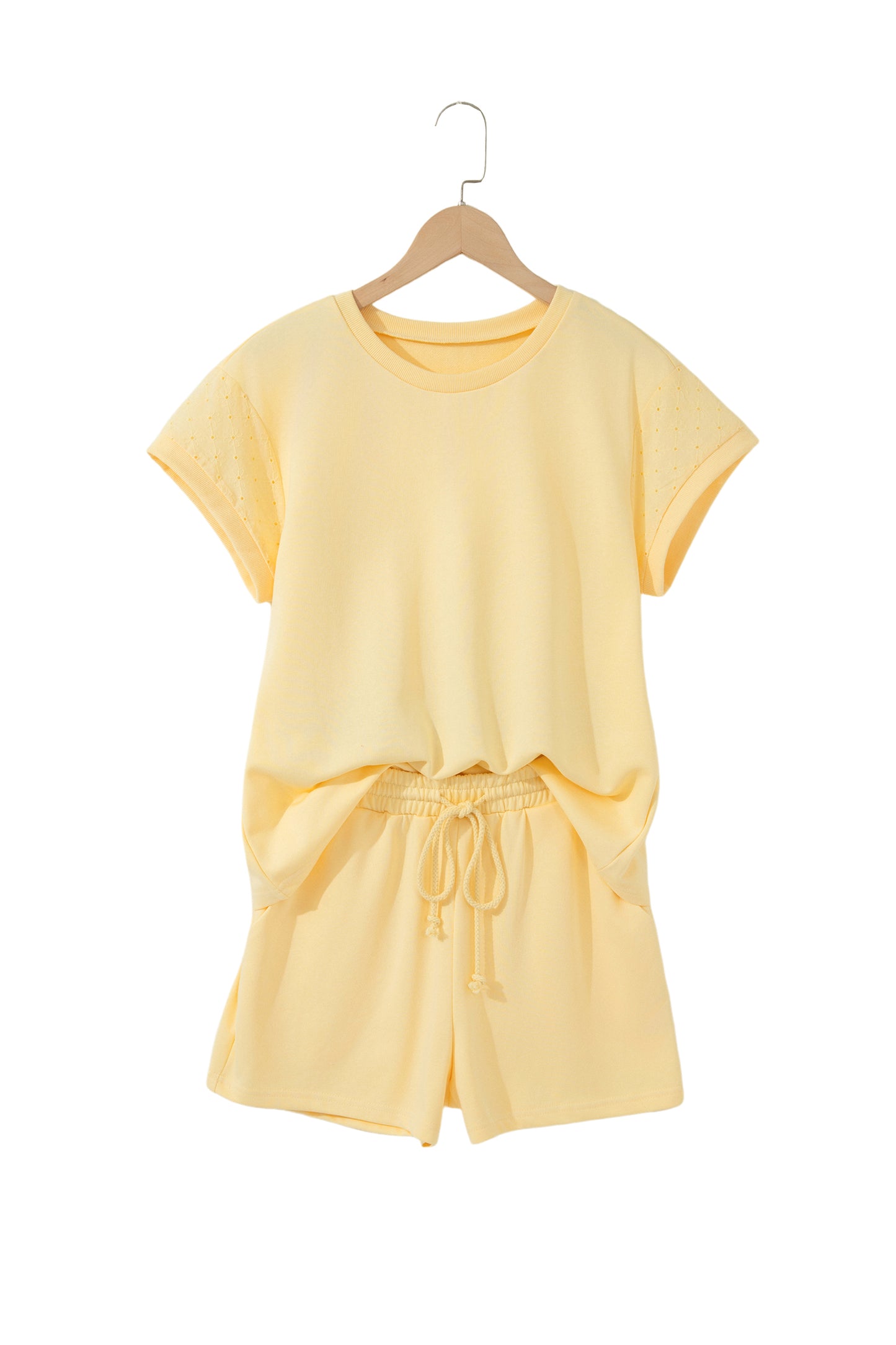 Eyelet Lace Patchwork Sleeve Top & Drawstring Short Set