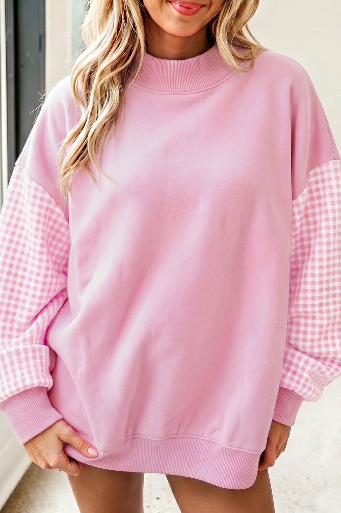 Plaid Sleeve Colorblock Tunic Sweatshirt