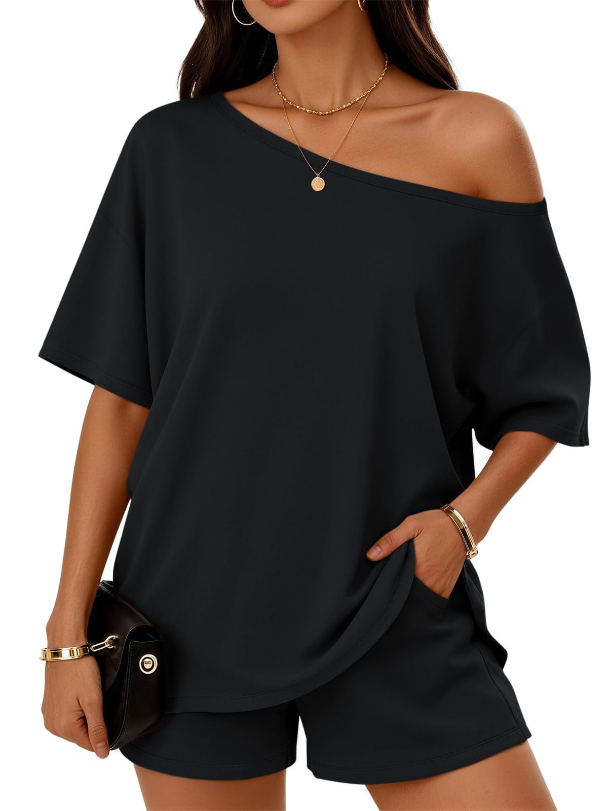 Women's 2-Piece Casual Set | Slant-Neck Top & Shorts