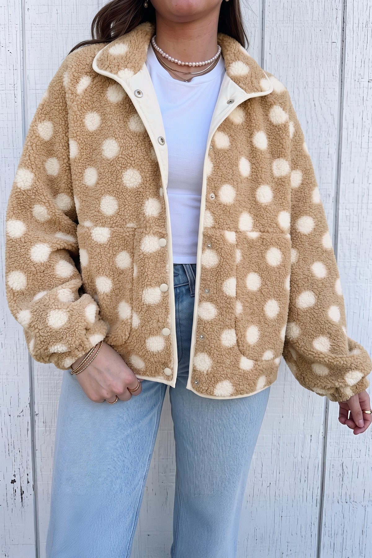Khaki Polka Dot Faux Fur Jacket