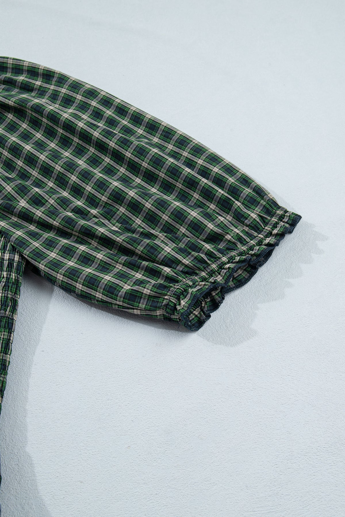 Green Plaid Square Neck Shirred Ruffle Hem Dress