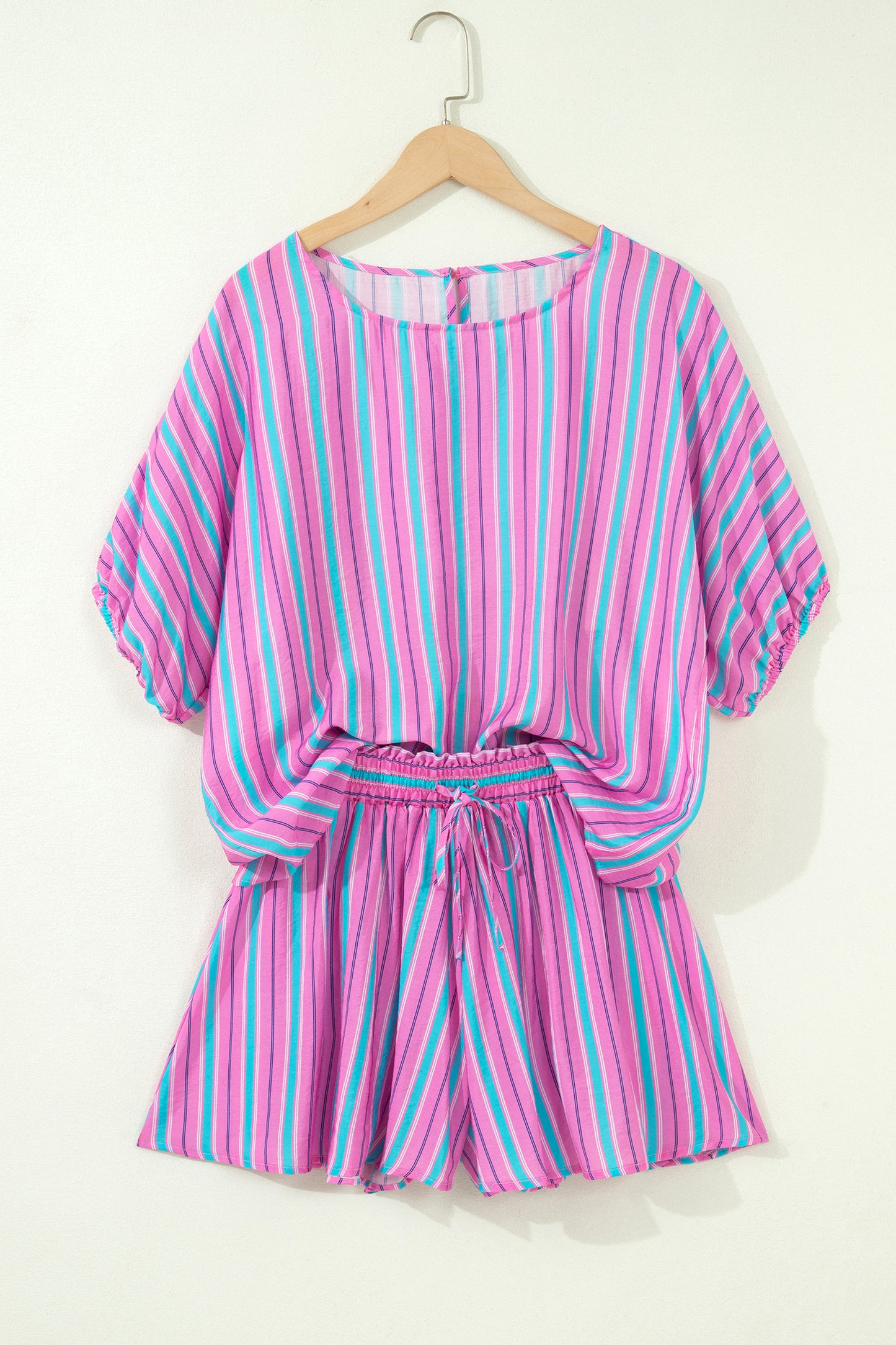 Pink Stripe Dolman Blouse & Drawstring Short Set