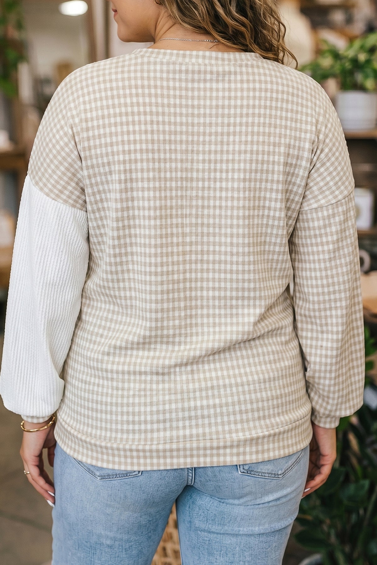 Khaki Patchwork Checkered Long Sleeve Plus Size Blouse