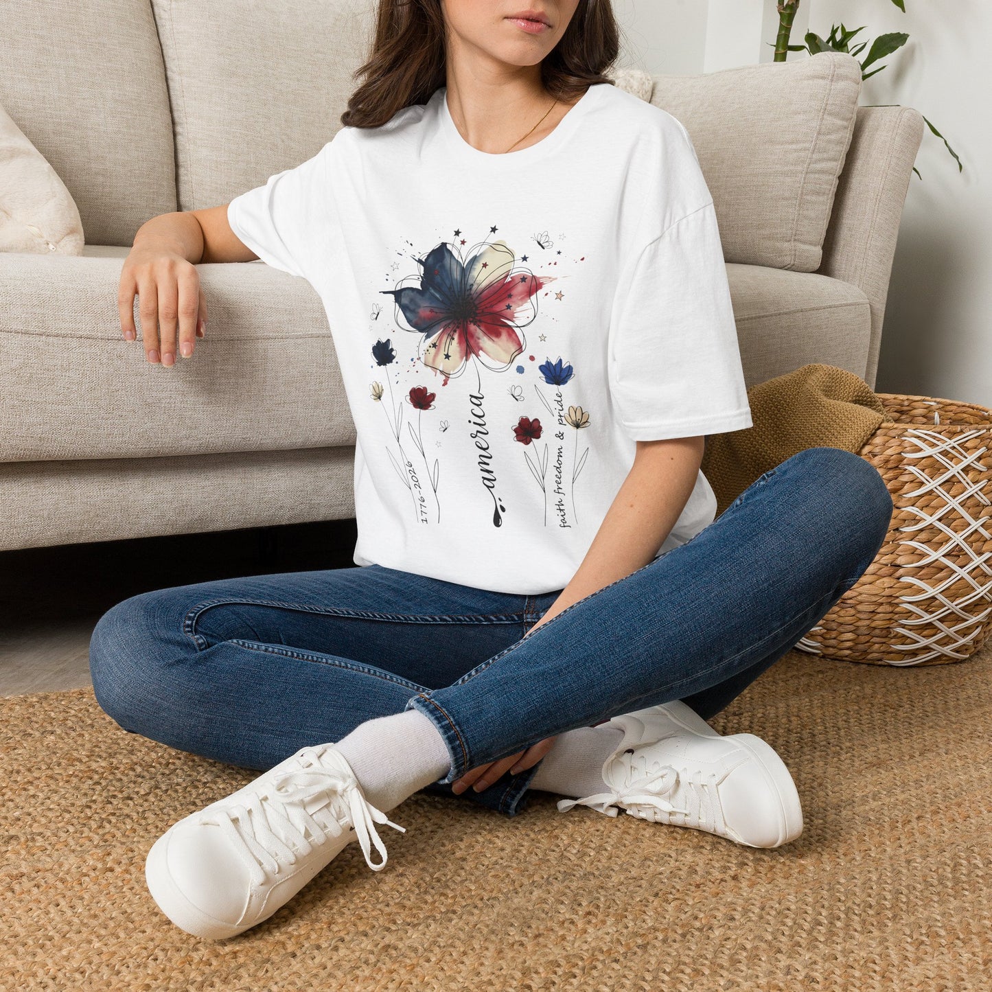 Floral Watercolor Butterfly T-Shirt — Artistic Red & Blue Bloom Tee