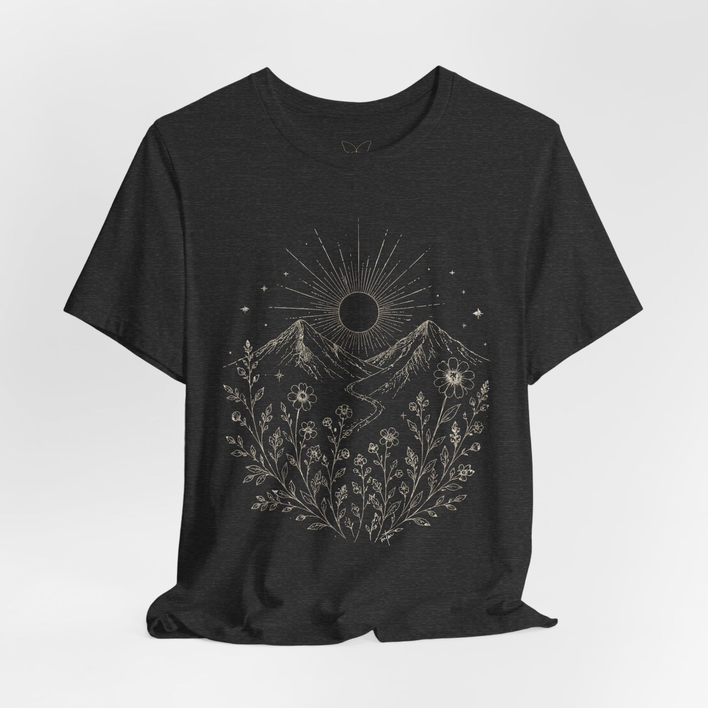 Mountain Moon Floral Tee — Celestial Mountain Sunflower Graphic T-Shirt