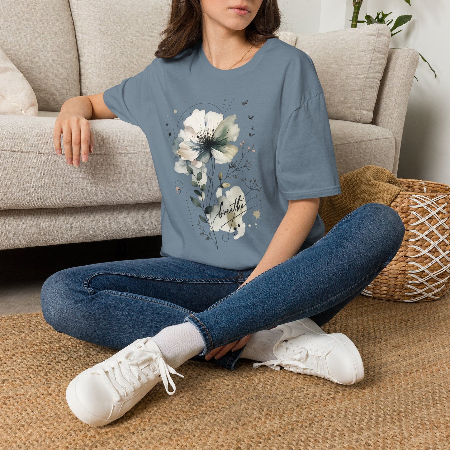 "Breathe" Floral Watercolor Tee | Soft Botanical Graphic Shirt