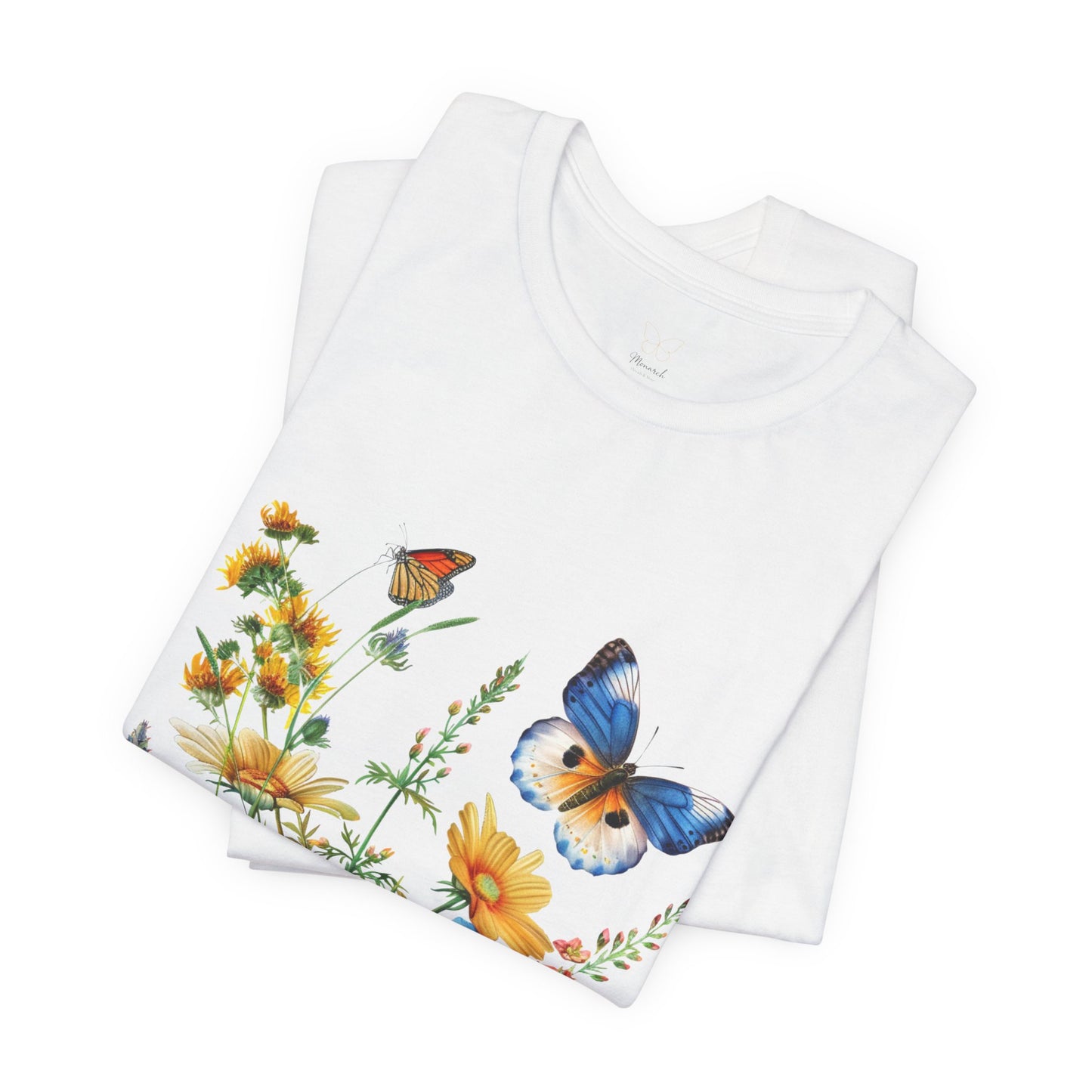 Butterfly Wildflower T-Shirt — Blue & Orange Garden Illustration