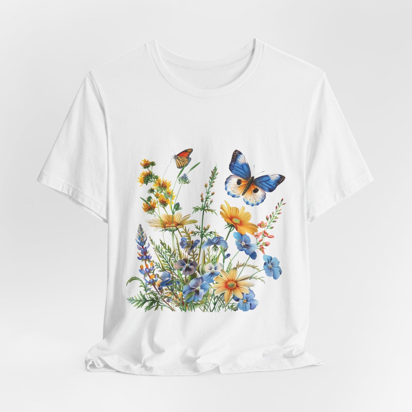 Butterfly Wildflower T-Shirt — Blue & Orange Garden Illustration