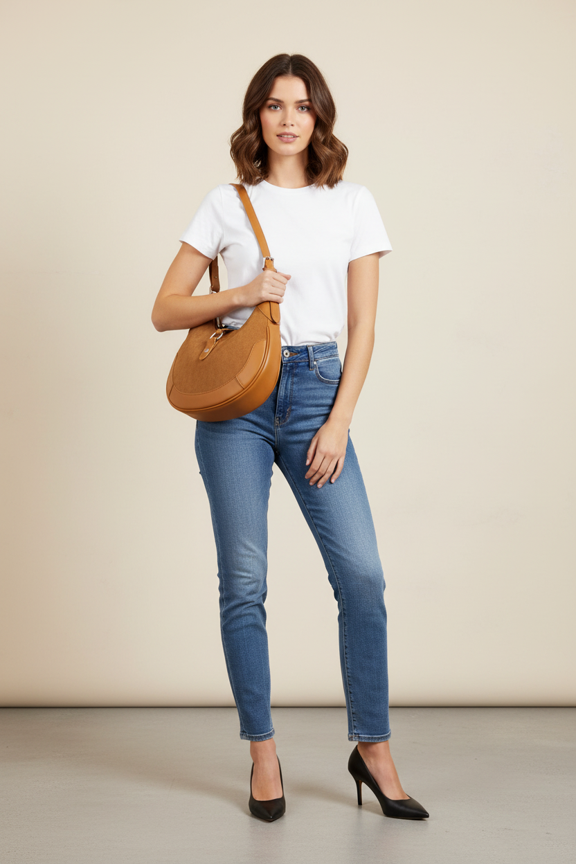 Fame Leather Accent Suede Crescent Shoulder Bag
