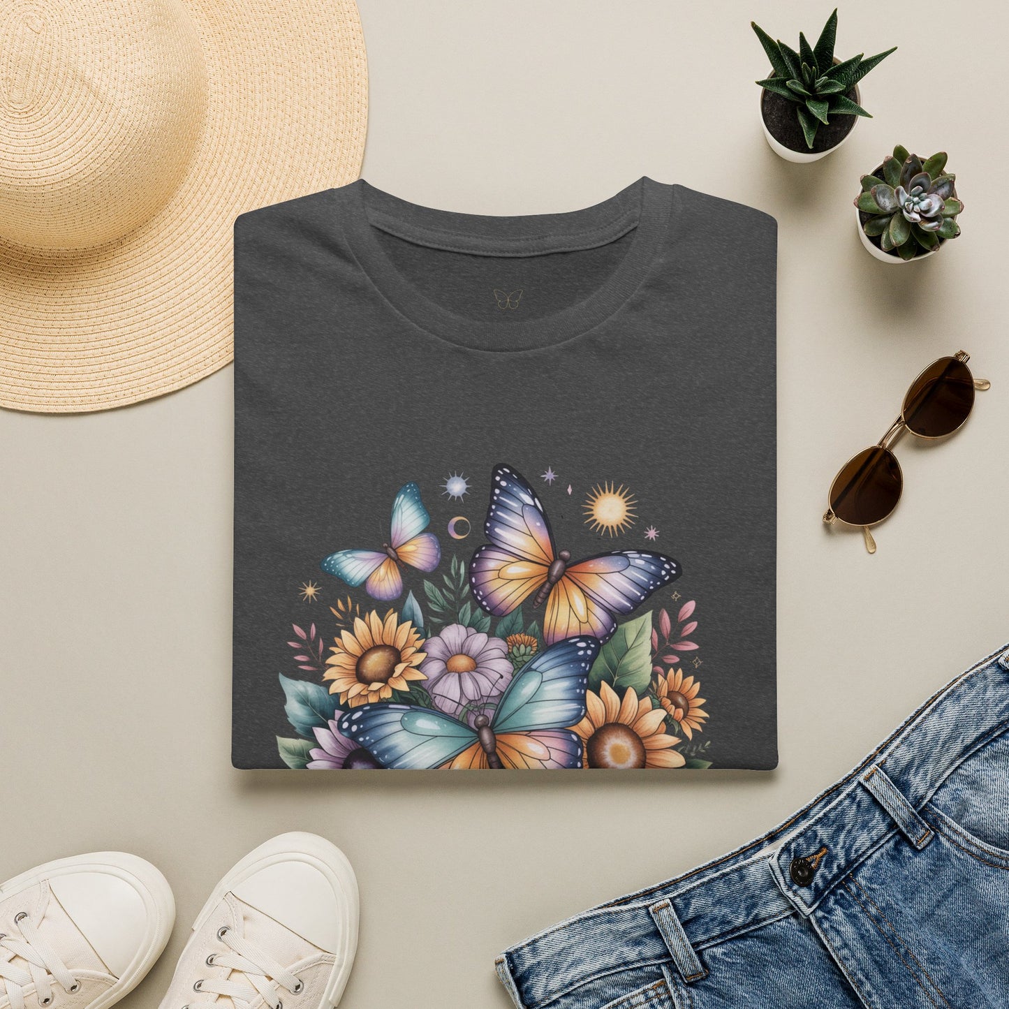 Butterfly Sunflower T-Shirt | Watercolor Floral Garden Tee