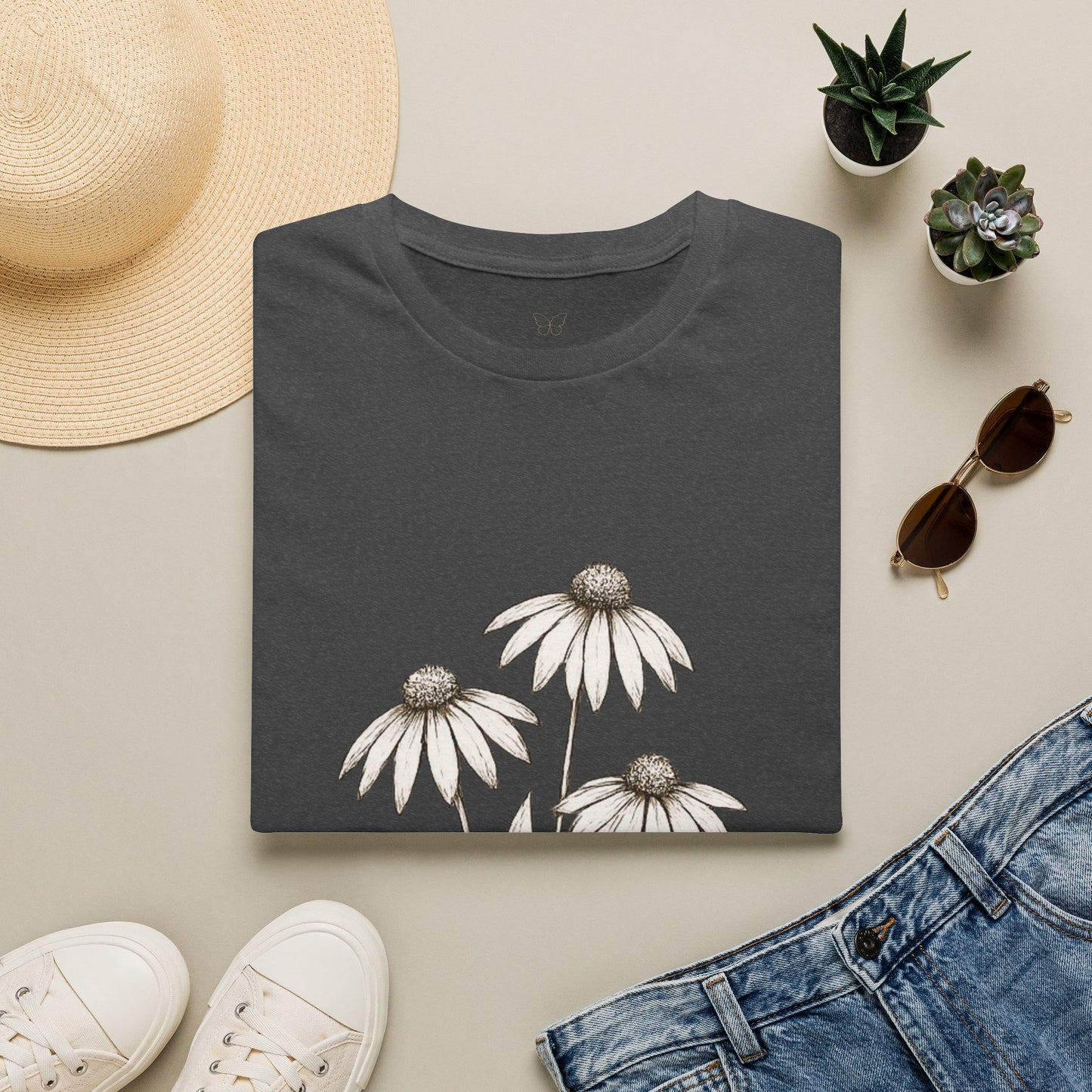 Daisy Sketch T‑Shirt — Vintage White Coneflowers Floral Tee