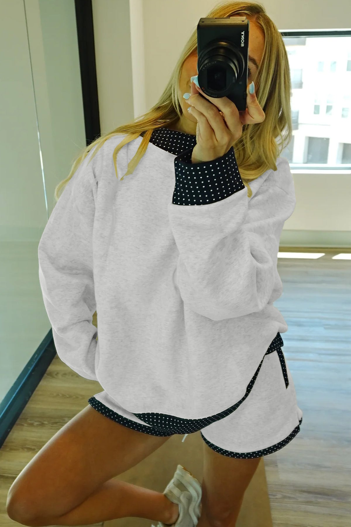 Light Grey Polka-Dot Mock-Neck Two-Piece Set