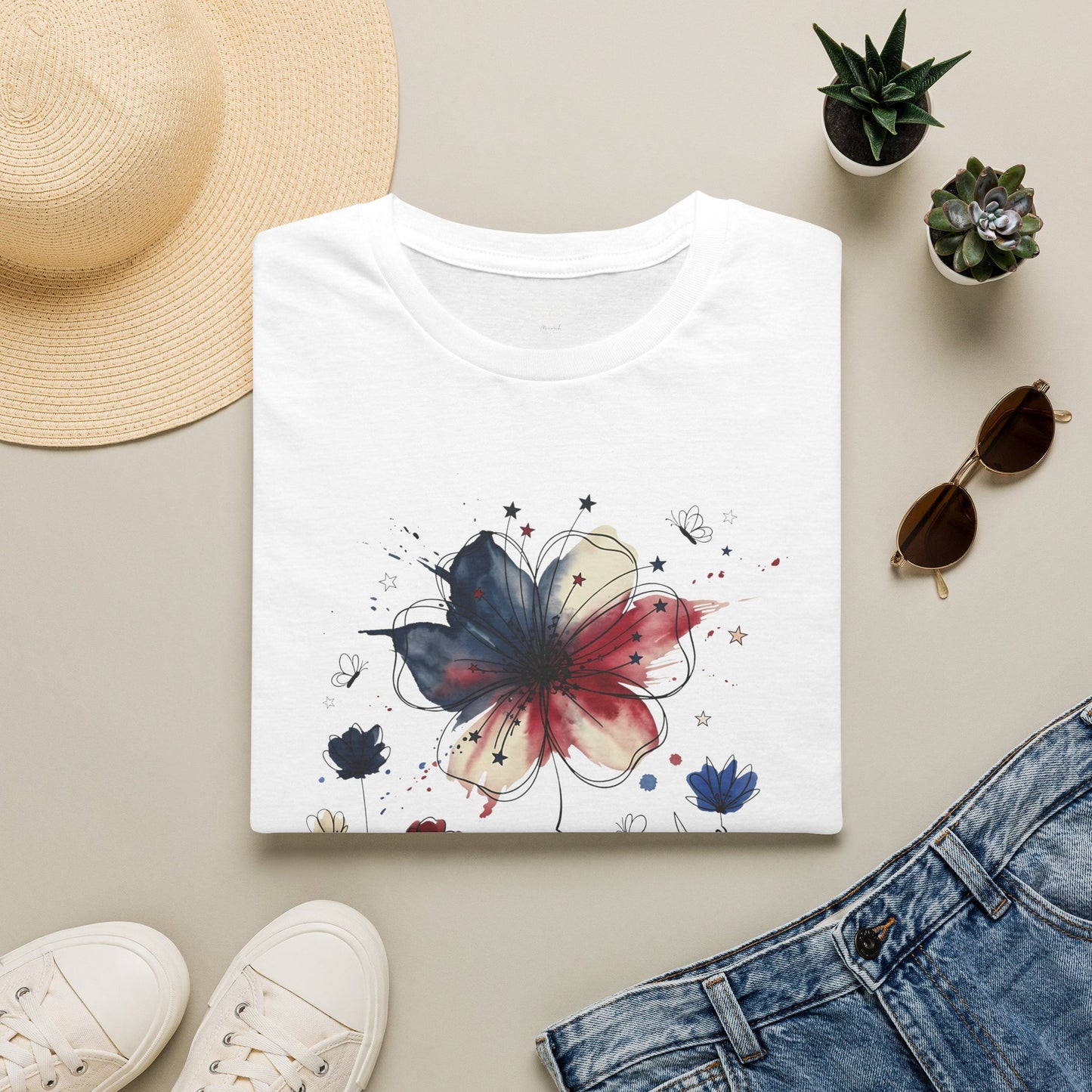 Floral Watercolor Butterfly T-Shirt — Artistic Red & Blue Bloom Tee