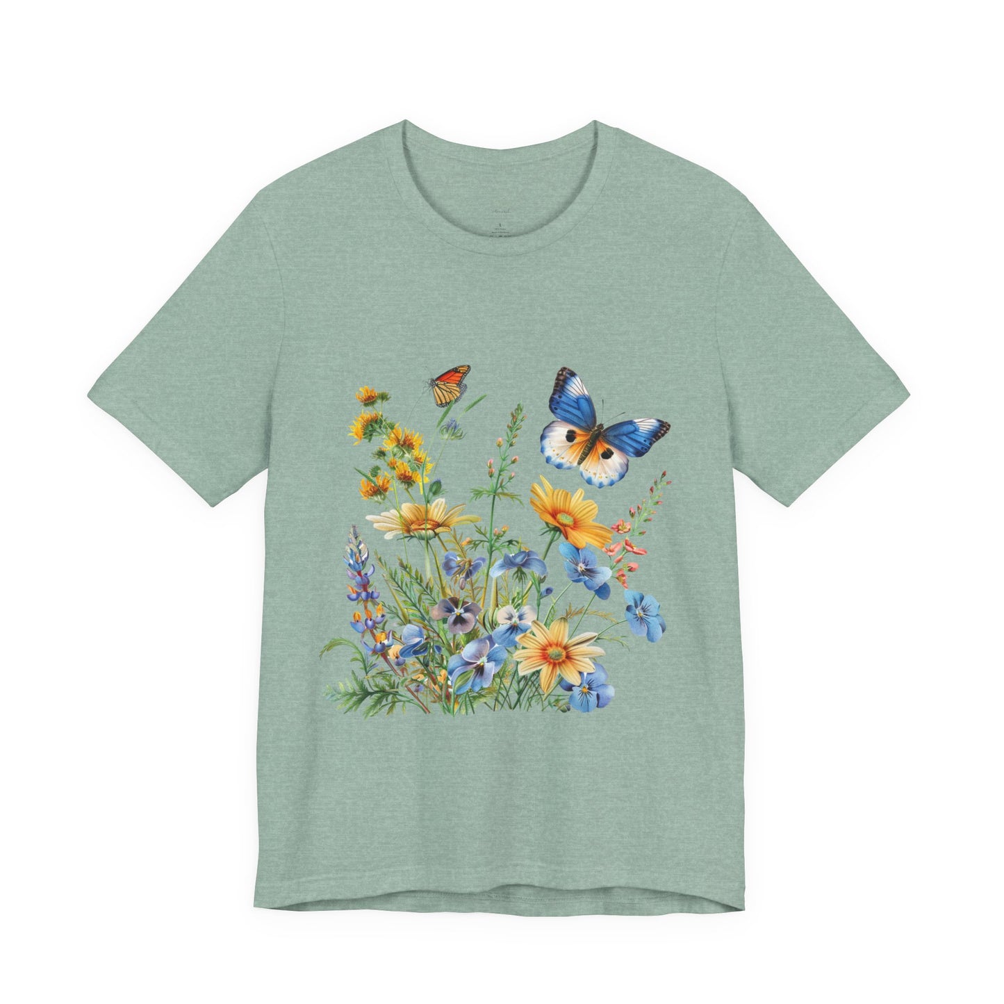 Butterfly Wildflower T-Shirt — Blue & Orange Garden Illustration