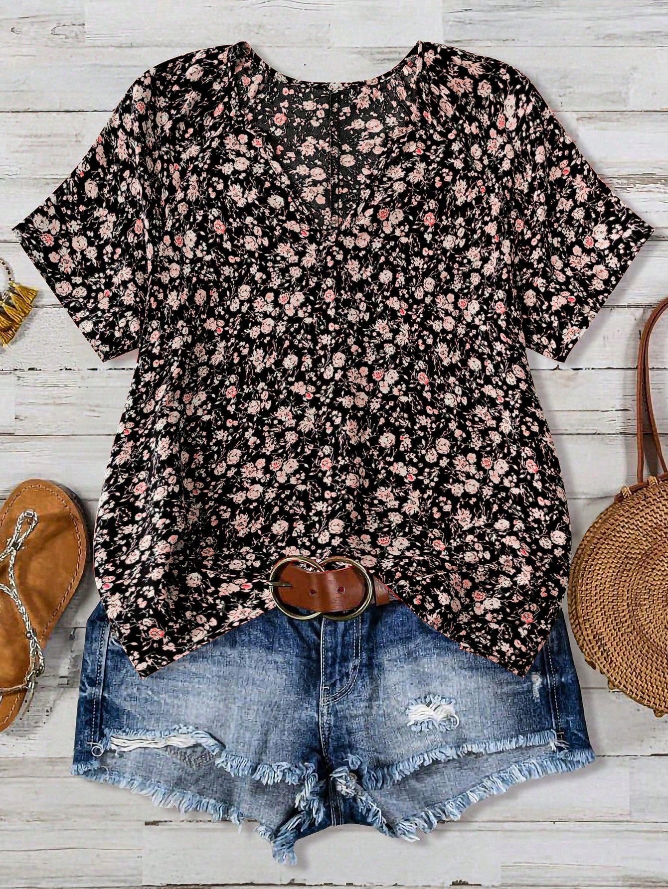 Women's V-Neck Floral Short-Sleeve Top