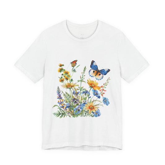 Butterfly Wildflower T-Shirt — Blue & Orange Garden Illustration